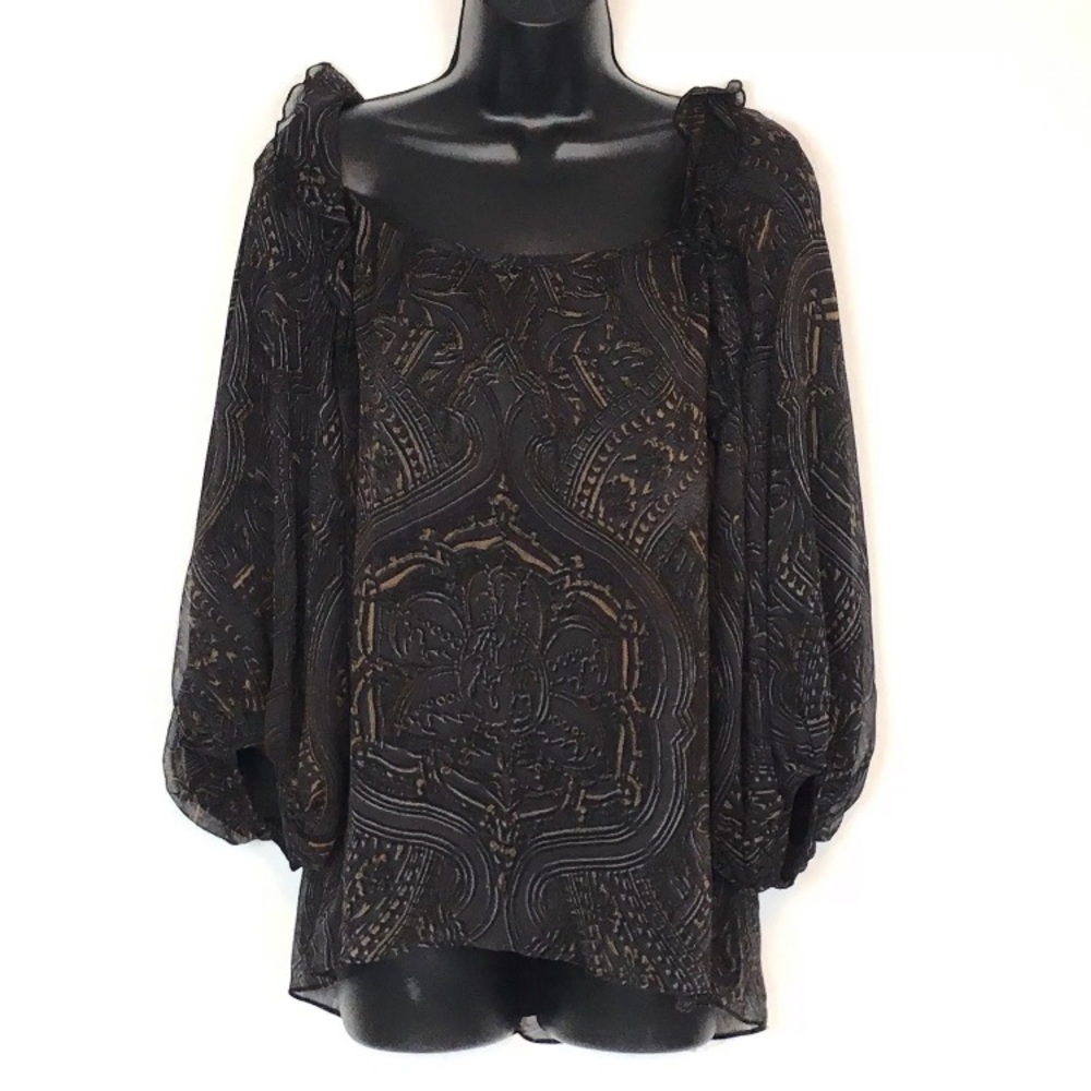 Nanette Lepore  sz 6 silk peasant tunic blouse print top gray brown
